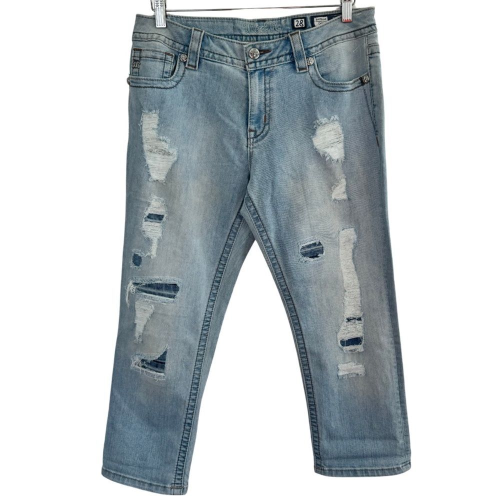 Miss Me Boyfriend Capri Jeans Womens 28 Distressed Patched Denim Mid Rise